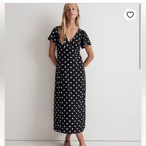Flutter-Sleeve V-Neck Midi Dress in Polka Dot